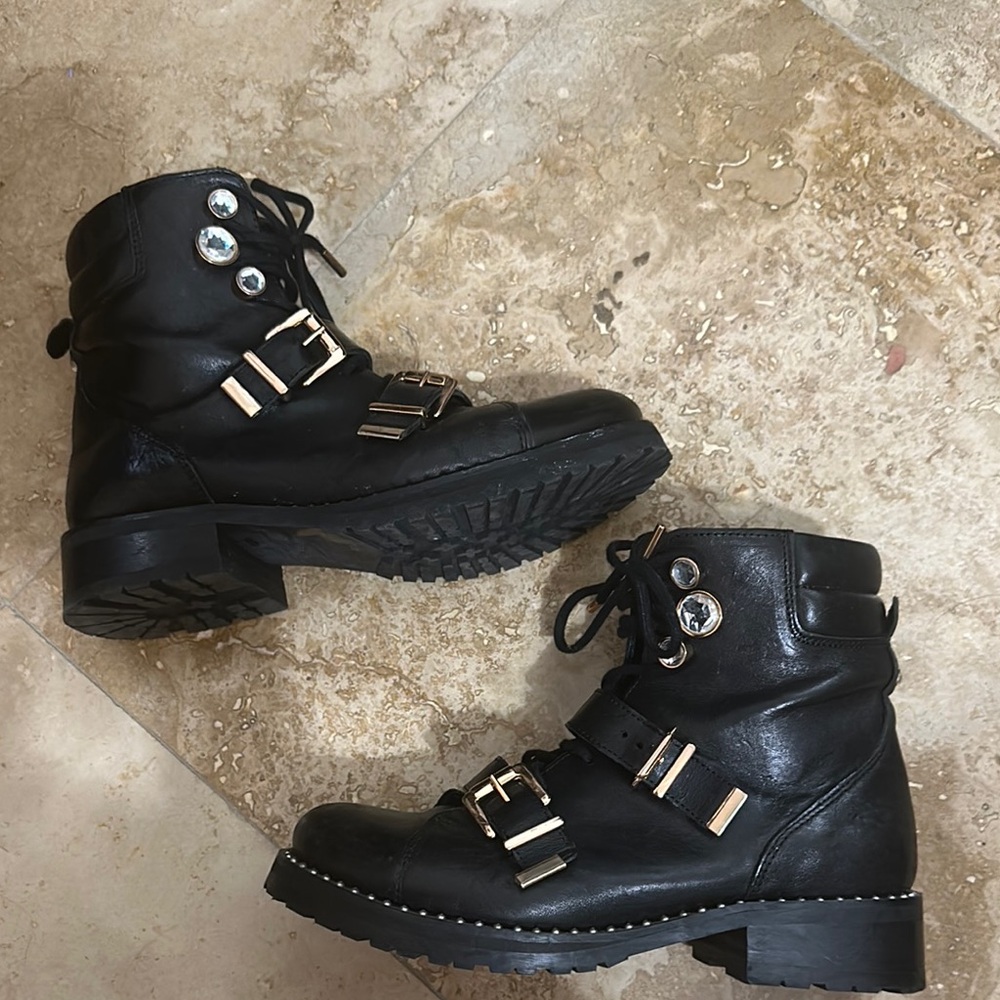 Black Leather Ankle Boots with Buckle Detail